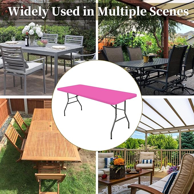 10 Pack Fitted Tablecloth for 8 Foot Rectangle Tables, Hot Pink Elastic Outdoor Picnic Table Cover, Washable Stretch Folding Table Cloths 8 ft for Camping Party Patio Kitchen Banquet, 30" W x 96" L