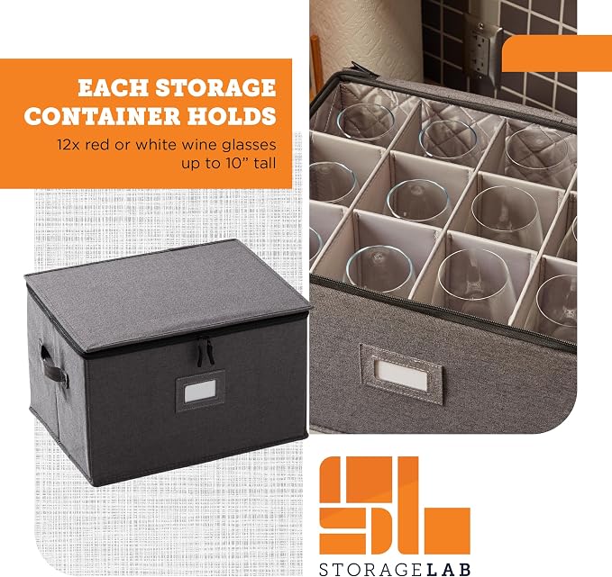 storageLAB Wine Glass Storage Case | Hard Shell Felt Dividers | Gray | Hard shell case holds 12 wine glasses in 4x4 felt compartments. Stackable, top-load, label tag. Keeps stemware chip-free.