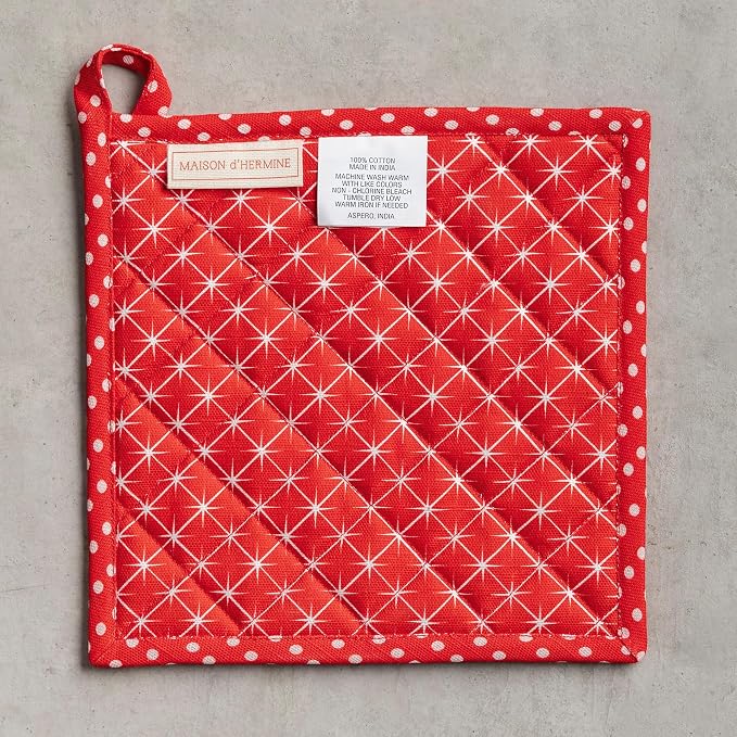 Maison d' Hermine Pot Holders 100% Cotton Potholders (8" x 8", Pack of 1) | Heat Resistant Hot Pads with Loop BBQ Cooking Baking Kitchen Handling Hot Pans Thanksgiving Christmas - Poinsettia Christmas