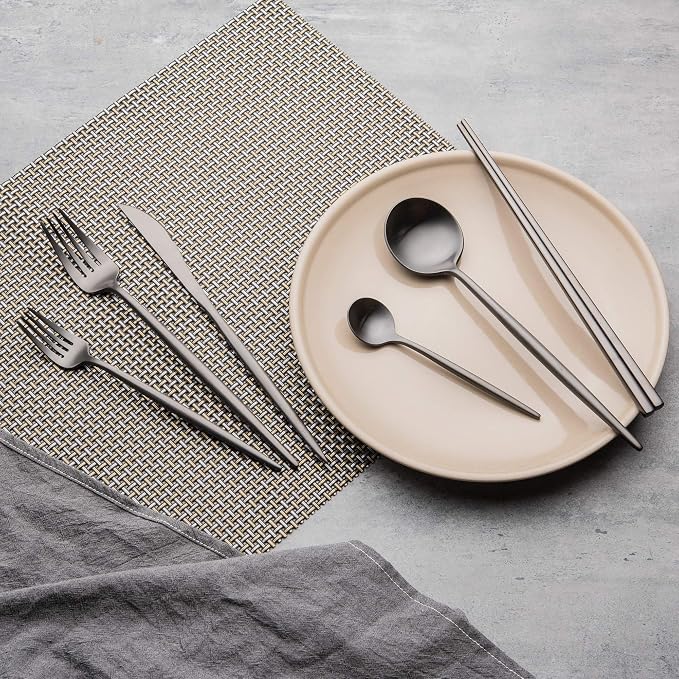 KiiZYs Matte Black Flatware Set - 14-piece Modern Silverware Set Stainless Steel Utensils - Metal Chopsticks Kitchen Cutlery Fork Spoon Knife - Dishwasher Safe House Warming Gift Box (Black, 2 Sets)