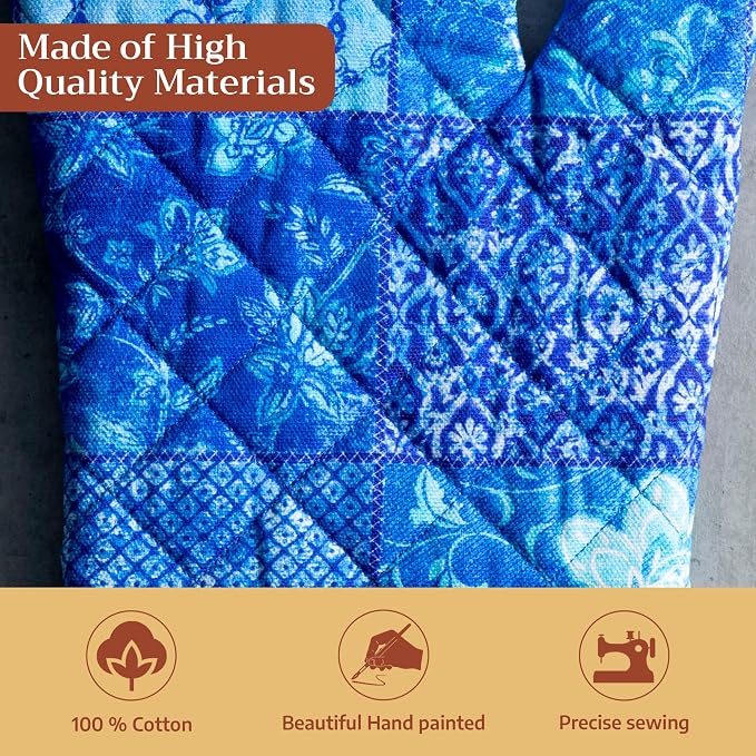 Maison d'Hermine Oven Gloves 100% Cotton Oven Mitt (7" x 13", Pack of 1) | With Loop Heat Resistant BBQ Cooking Gloves Baking Grilling Kitchen Handling Hot Pans Spring Summer - Indigo Love