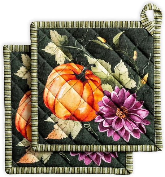 Maison d' Hermine Pot Holders 100% Cotton Potholders (8" x 8", Pack of 2) | Heat Resistant Hot Pads with Loop BBQ Cooking Kitchen Handling Hot Pans Thanksgiving Christmas - Pumpkin Garden - Dark Green