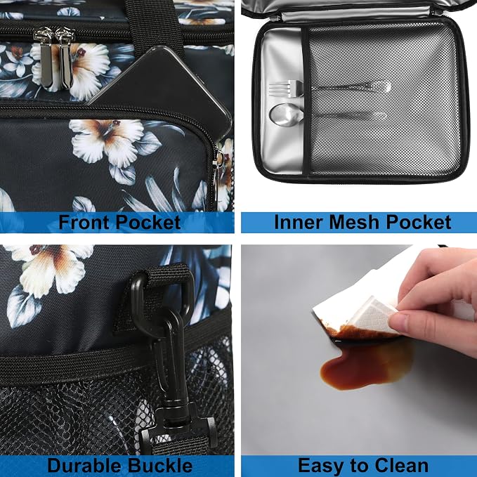 Lunch Bags for Women/Men, Insulated Lunch Bag for Work Office Picnic - Lunch Cooler Bag Leakproof Lunch Box with Adjustable Shoulder Strap - Hibiscus