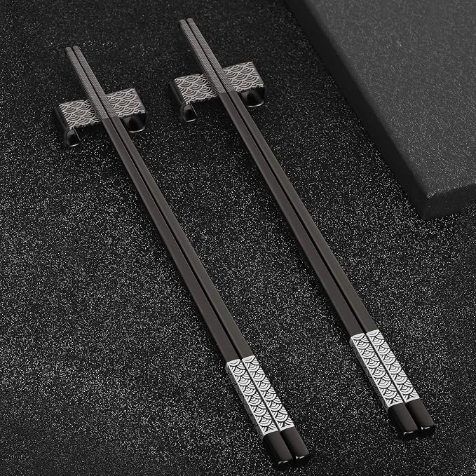 Metal Chopsticks Reusable 2 Pairs Titanium Plated Stainless Steel18/8 Chopsticks with Holder, Dishwasher Safe Lightweight Japanese Style Chopsticks Gift Set(Black)