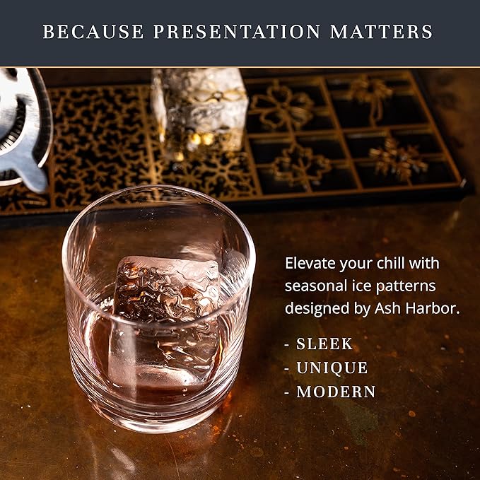 Clear Ice Cube Maker Design Tray - Craft Modern Ice Molds for Bourbon & Cocktails in 5 Seconds - Whiskey Mold Cube Stamp – Bartender Accessories - Copper Ice Press Cocktails by Ash Harbor (Seasons)