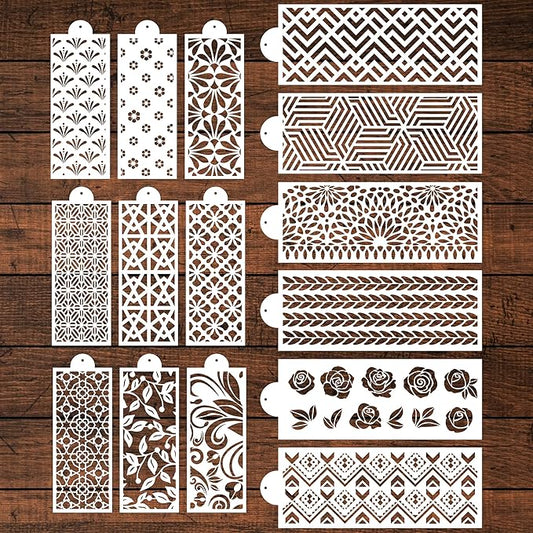Cake Stencils for Baking - 15 Pcs Cookie Stencils for Royal Icing, Flower Roses Cookie Stencils for Buttercream Decorating, Folk Brick Stencils Cookie Decoration, Baking Template Cake Decor