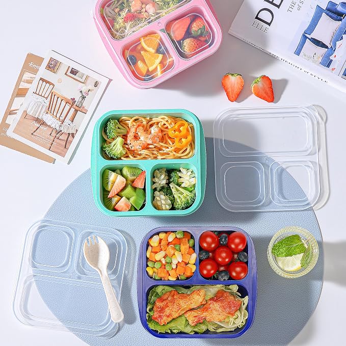 TOUWMX Bento Box For Kids, 4 Pack 3 Compartments Lunchable Meal Prep Containers Lunch Containers, Reusable Snack Containers with Lids, Snack Boxes for School, Work, and Travel