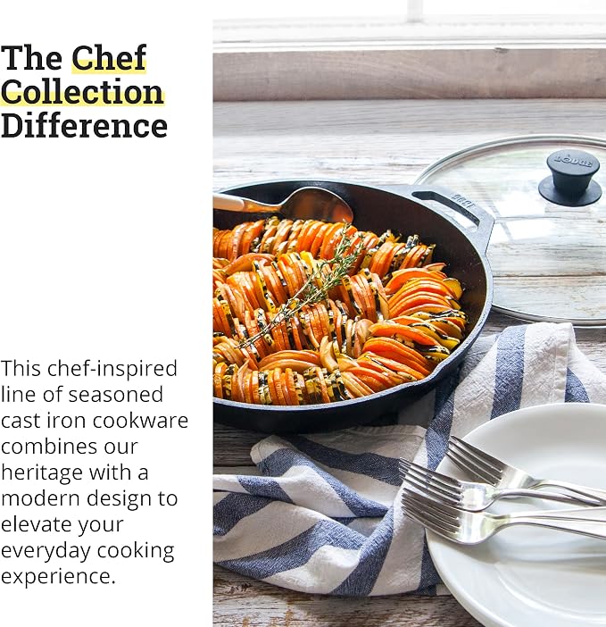 Lodge 12 Inch Cast Iron Everyday Pan - Chef Collection - Use on Oven, Stove, Grill, or Fire - Easy to Clean - Cast Iron Pan with Lid - Durable Cookware