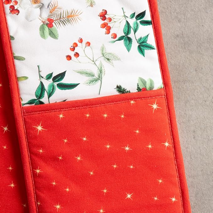Maison d' Hermine Double Oven Mitts 100% Cotton Double Oven Glove (7"x35") | Heat Resistant BBQ Cooking Gloves with Loop Baking Kitchen Home Hotel Farmhouse Thanksgiving Christmas - Noel