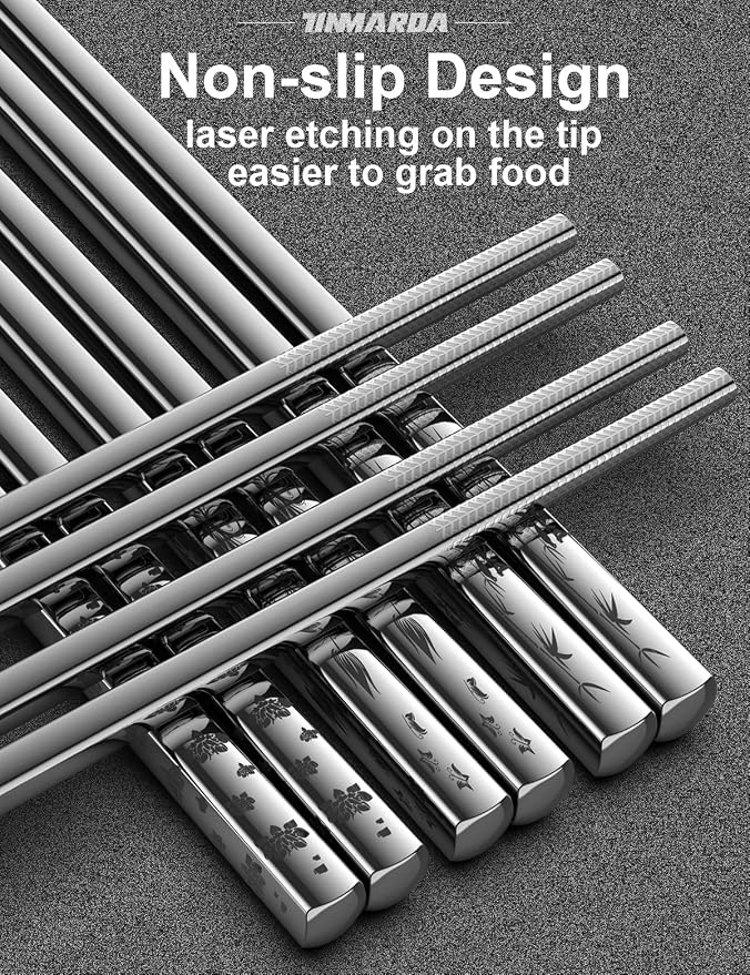 TINMARDA Metal Chopsticks Reusable 5 Pairs 18/8 Stainless Steel Chopstick Beautiful Engraving Patterns Dishwasher Safe Non-Slip Japanese Korean Chop Sticks Present Set