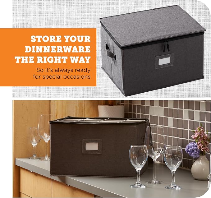 storageLAB Wine Glass Storage Case | Hard Shell Felt Dividers | Gray | Hard shell case holds 12 wine glasses in 4x4 felt compartments. Stackable, top-load, label tag. Keeps stemware chip-free.