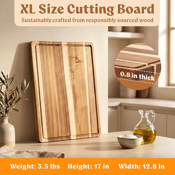 Extra Large Acacia Wood Cutting Board 17x13, Juice Groove | Non Toxic Wooden Chopping Boards, Knife Friendly, Large Kitchen Boards for Meat, Cheese, Charcuterie & Serving