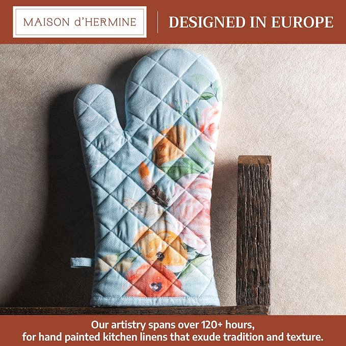 Maison d'Hermine Oven Gloves 100% Cotton Oven Mitt (7" x 13", Pack of 1) | With Loop Heat Resistant BBQ Cooking Gloves Baking Grilling Kitchen Handling Hot Pans Spring Summer - Ibiza - Blue