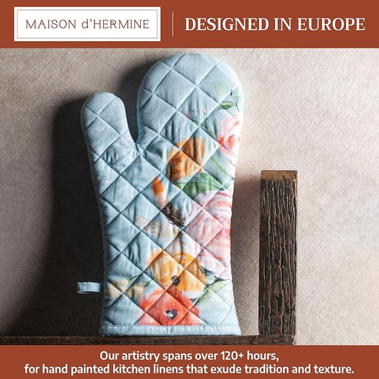 Maison d'Hermine Oven Gloves 100% Cotton Oven Mitt (7" x 13", Pack of 1) | With Loop Heat Resistant BBQ Cooking Gloves Baking Grilling Kitchen Handling Hot Pans Spring Summer - Ibiza - Blue