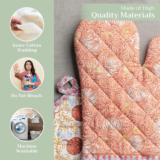 Maison d' Hermine 100% Cotton Oven Mitt & Pot Holder Set (7.5"x13" & 8"x8") | Heat Resistant BBQ Cooking Gloves with Loop Baking Kitchen Hotel Home Farmhouse Thanksgiving Christmas - Harvest Festival