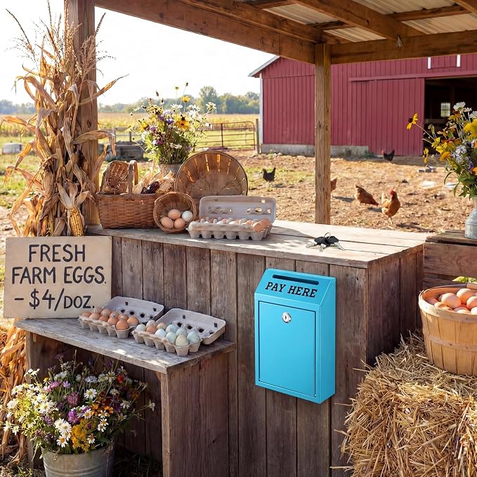 Yaocom Safe Metal Cash Box for Farm Stand – Money Drop and Secure Donation Collection, Wall Mount Lockable Unit with Pre Drilled Holes for Outdoor Self Serve(Light Blue,10.2 x 5.7 x 2.8 Inch)