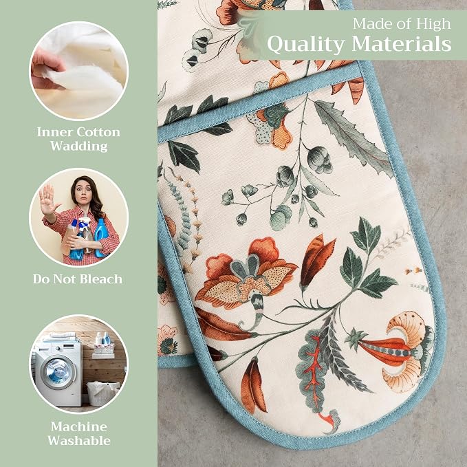 Maison d' Hermine Double Oven Mitts 100% Cotton Double Oven Glove (7"x35") | Heat Resistant BBQ Cooking Gloves with Loop Baking Kitchen Home Hotel Farmhouse Thanksgiving Christmas - Dalida