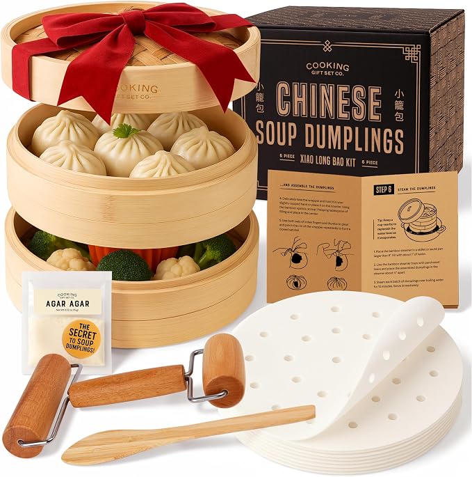 Cooking Gift Set Co. Bamboo Steamer Basket - 2 Tier Dumpling Kit, 6 Piece | Xiao long bao kit, dumpling steamer, cooking gifts for women, mother's day gift, FDA food-contact, BPA-free