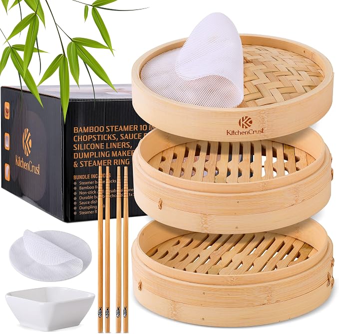 KITCHENCRUST Bamboo Steamer Basket for Chinese Asian Cuisine - 2 Tier 10-Inch Steaming Basket Bun Vegetable Bao Buns, Sauce Dish, Chopsticks, Reusable Liners