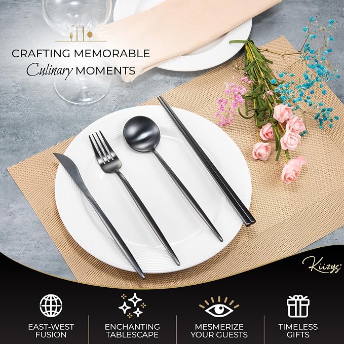 Matte Black KiiZYs Silverware Set - 16-Piece Kitchen Utensil With Korean Chopsticks - Stainless Steel Flatware Cutlery - Spoons, Forks, Knife - Dishwasher Safe - New Home Wedding Gifts (Black, 4 Sets)