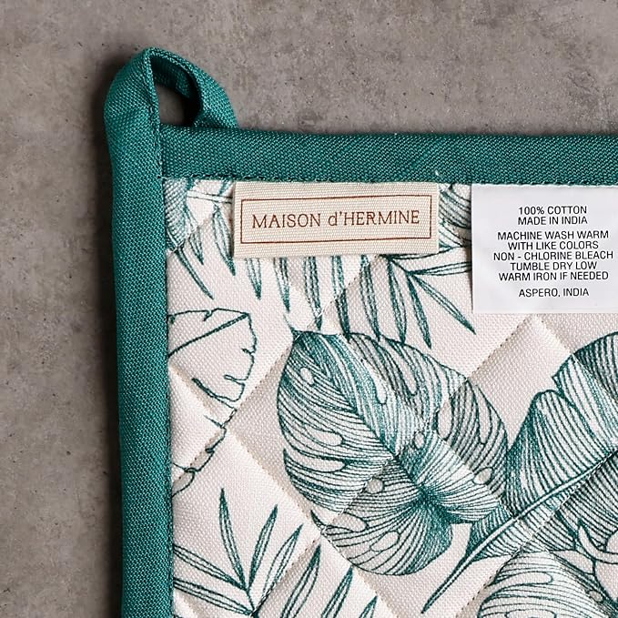 Maison d' Hermine 100% Cotton Oven Mitt & Pot Holder Set (7.5"x13" & 8"x8") | Heat Resistant BBQ Cooking Gloves with Loop Baking Grilling Kitchen Hotel Home Farmhouse Spring Summer - Tropiques