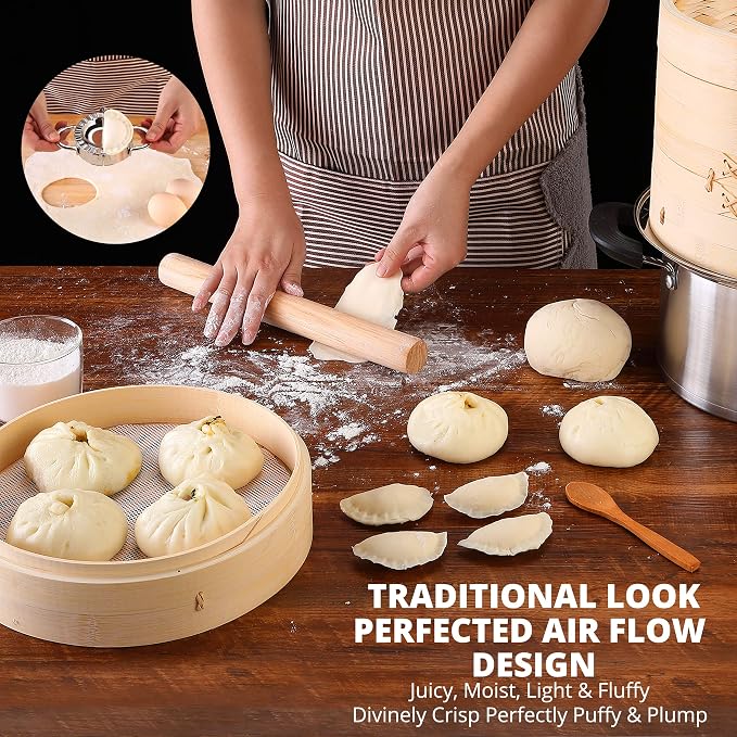 KITCHENCRUST Bamboo Steamer Basket for Chinese Asian Cuisine - 2 Tier 10-Inch Steaming Basket Bun Vegetable Steam, Dumpling Steamer bamboo steam basket, Sauce Dish, Chopsticks, Reusable Liners, Ring