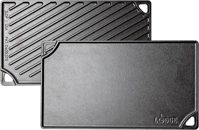 Lodge Reversible Cast Iron Grill/Griddle Pan 16.75 x 9.5 - Pre-Seasoned Dual-Sided Double Burner for BBQ, Eggs, Pancakes, Burgers - PFAS Free Cookware - Flat Top Plate for Oven, Grill, & Campfire