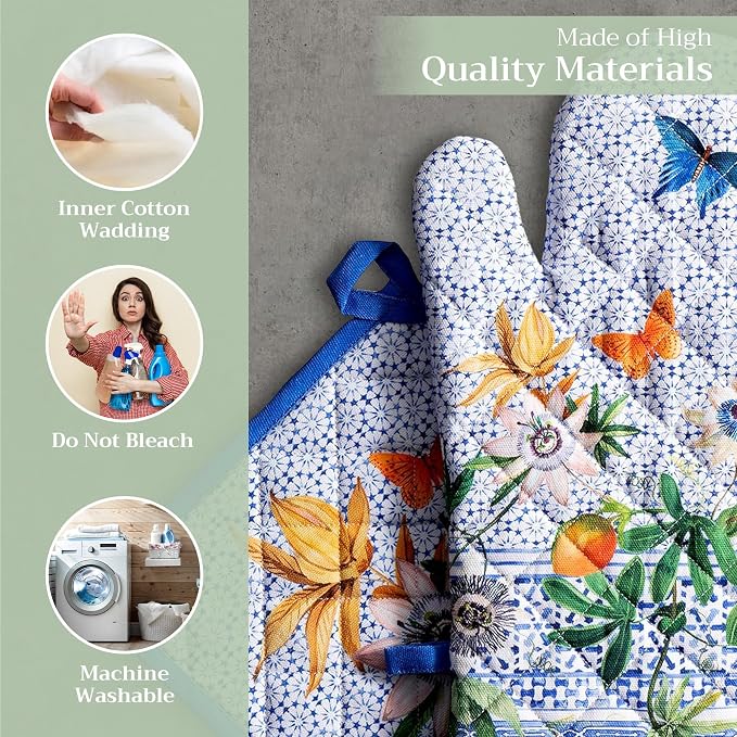 Maison d' Hermine 100% Cotton Oven Mitt & Pot Holder Set (7.5"x13" & 8"x8") | Heat Resistant BBQ Cooking Gloves with Loop Baking Grilling Kitchen Hotel Home Farmhouse Spring Summer - Passiflora