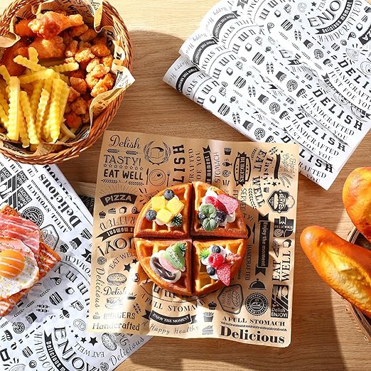 1000 Pcs 12 x 12 Inch Deli Wax Paper Sheets Grease Resistant Tray Basket Liners Newsprint Paper Water and Grease Proof Sandwich Wrapping Square Hot Dog Wrappers for Food Baking (Brown,White)