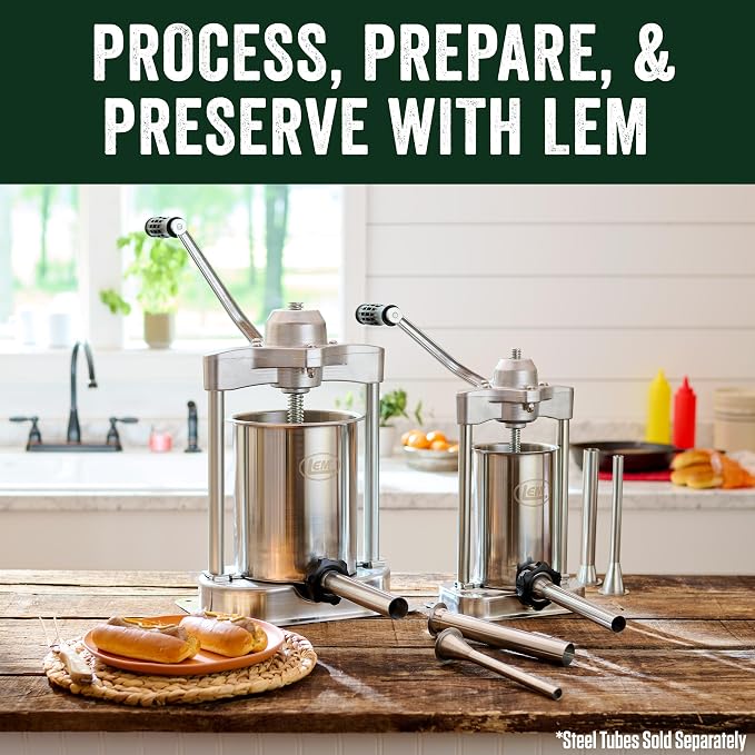 LEM Products MightyBite 15 lb Vertical Sausage Stuffer, Stainless Steel Meat Stuffer Machine for Home Kitchen Use, Large-Batch Sausage Maker with Air-Release Piston and Stuffing Tubes