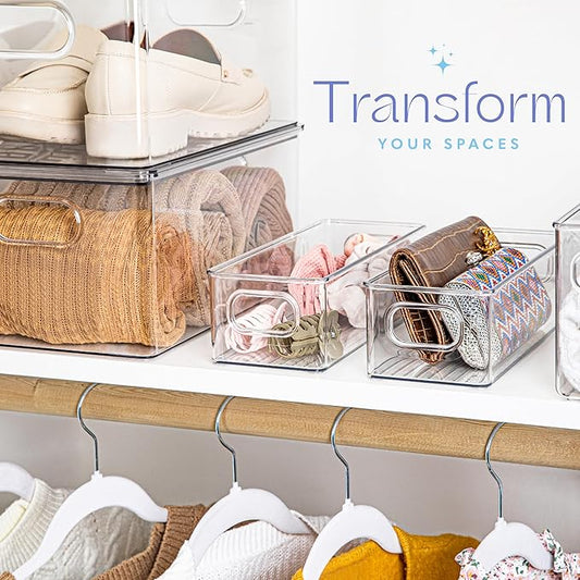 Plastic Food Storage Clear Container 2 Pack Bin with Handles for Organizing Kitchen, Pantry, Refrigerator, Freezer, Pantry, Cabinet, Closet, Bathroom. Stackable 10”x4”x3”