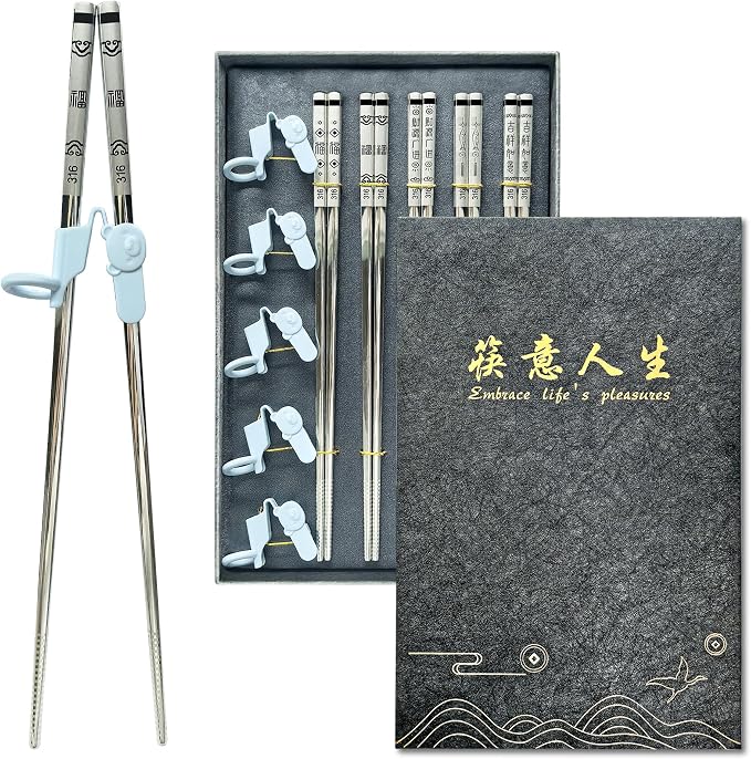 Premium 316 Medical Grade Stainless Steel Chopsticks 5 Pairs And Set with 5 Chopstick Helpers,Metal, Training For kids and Adults，Luxury Gift Box with Gold Design