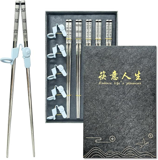 Premium 316 Medical Grade Stainless Steel Chopsticks 5 Pairs And Set with 5 Chopstick Helpers,Metal, Training For kids and Adults，Luxury Gift Box with Gold Design