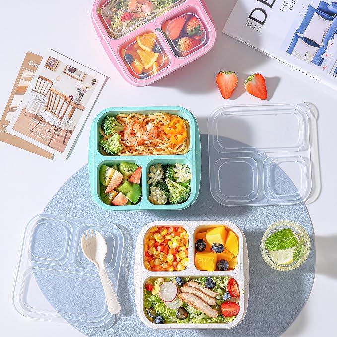 TOUWMX Bento Box For Kids, 4 Pack 3 Compartments Meal Prep Containers Reusable Lunch Containers, Food Storage Containers With Lids, Stackable Snack Boxes for School, Work, and Travel