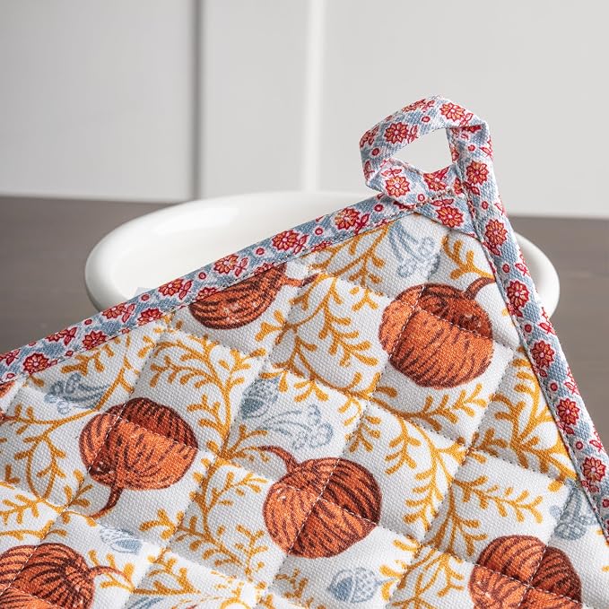 Maison d' Hermine Pot Holders 100% Cotton Potholders (8" x 8", Pack of 2) | Heat Resistant Hot Pads with Loop BBQ Cooking Baking Kitchen Handling Hot Pans Thanksgiving Christmas - Harvest Festival