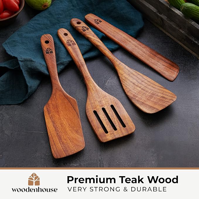 Wooden Spatula for Cooking, Teak Wood Set of 4 for Non Stick Frying Pan | Includes Paddle, Turner, Slotted Spurtle & Scraper – Long Ergonomic Handles, Scratch-Free Design