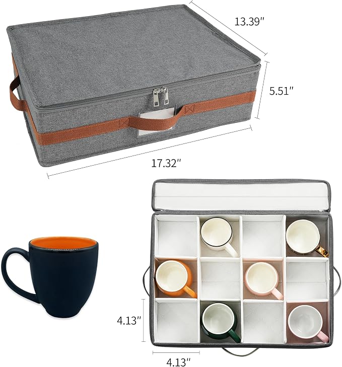 Mug Storage Box with Divider, Tea Cup and Coffee Mug Storage Container with Zipper Cover and Reinforced Handle, Hard Shell, Stackable, Foldable (Grey Red, 2 Sets)