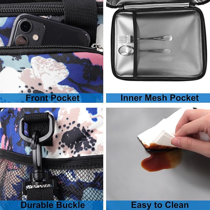 Lunch Bags for Women/Men, Insulated Lunch Bag for Work Office - Lunch Cooler Bag Leakproof Lunch Box with Adjustable Shoulder Strap - Ink foral