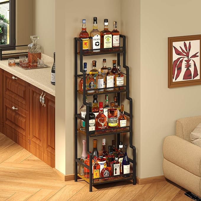 Hayexiha 4-Tier Stepped Freestanding Wine Rack, Large Capacity Liquor Cabinet with Anti-Fall Guardrails and Rounded Corners, Bottle Display Shelf & Mini Bar for Living Room, Home Bar, Kitchen Corner