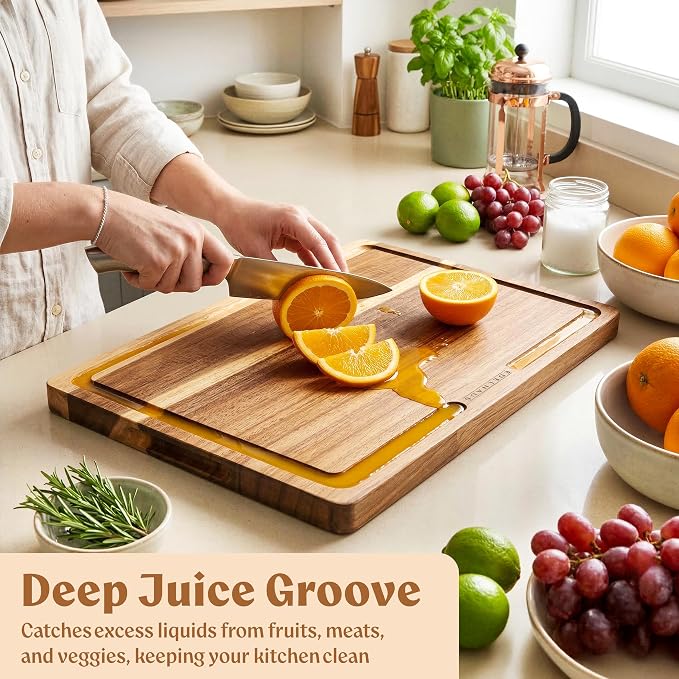 Acacia Wood Cutting Boards for Kitchen Set of 3, Double sided | Non Toxic Wooden Chopping Boards: Cut on One Side, Serve on the Other, large kitchen boards for charcuterie