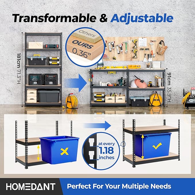 HOMEDANT 5 Tier Laminated Boltless Metal Shelving Unit Adjustable Garage Storage Utility Rack Heavy Duty Shelves Organization Multipurpose Shelf Warehouse Pantry Shed 35.9" W x 18.2" D x 71.3" H 4Pack