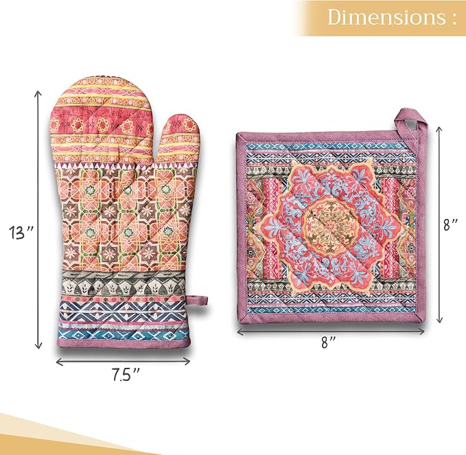 Maison d' Hermine 100% Cotton Oven Mitt & Pot Holder Set (7.5"x13" & 8"x8") | Heat Resistant BBQ Cooking Gloves with Loop Baking Grilling Kitchen Hotel Home Farmhouse Thanksgiving Christmas - Ispahan