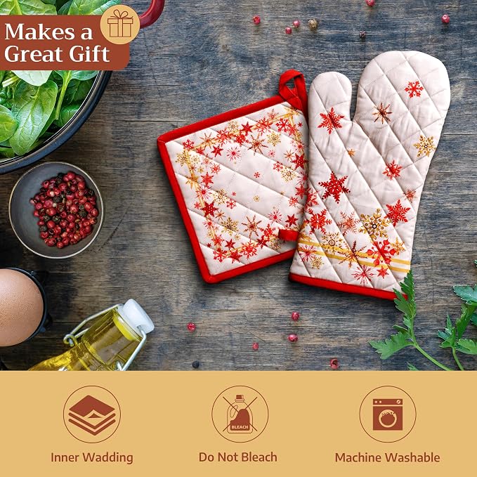 Maison d'Hermine Oven Gloves 100% Cotton Oven Mitt (7" x 13", Pack of 1) | With Loop Heat Resistant BBQ Cooking Gloves Baking Kitchen Handling Hot Pans Thanksgiving Christmas - Crystal Star