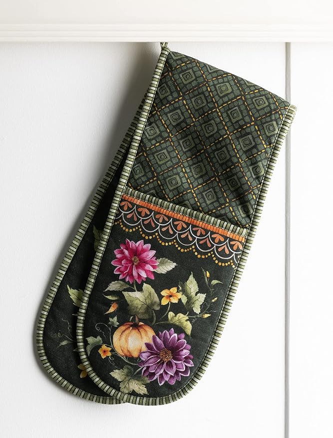 Maison d' Hermine Double Oven Mitts 100% Cotton Double Oven Glove (7"x35") | Heat Resistant BBQ Cooking Gloves with Loop Baking Kitchen Home Farmhouse Thanksgiving Christmas -Pumpkin Garden - Dark Green