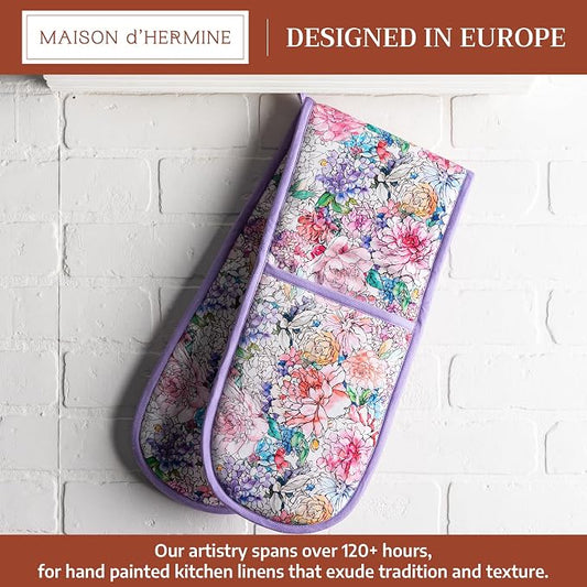 Maison d' Hermine Double Oven Mitts 100% Cotton Double Oven Glove (7"x35") | Heat Resistant BBQ Cooking Gloves with Loop Baking Grilling Kitchen Hotel Home Farmhouse Spring Summer - Floral Love