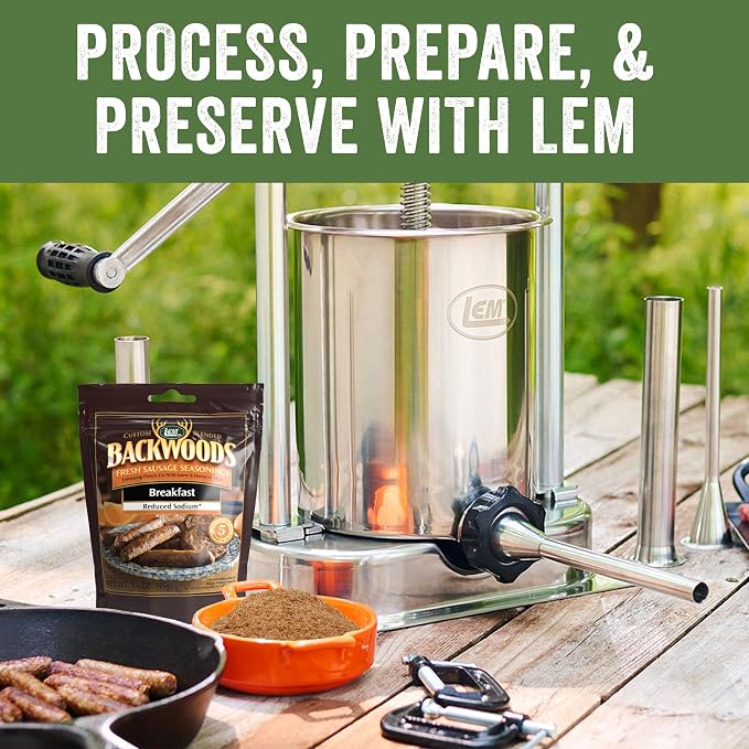 LEM Products Backwoods Reduced Sodium Breakfast Sausage Seasoning, 1.6 oz | Pre-Measured Seasoning for Wild Game and Domestic Meat, Seasons Up to 5 Pounds of Meat for Homemade Patties and Sausages