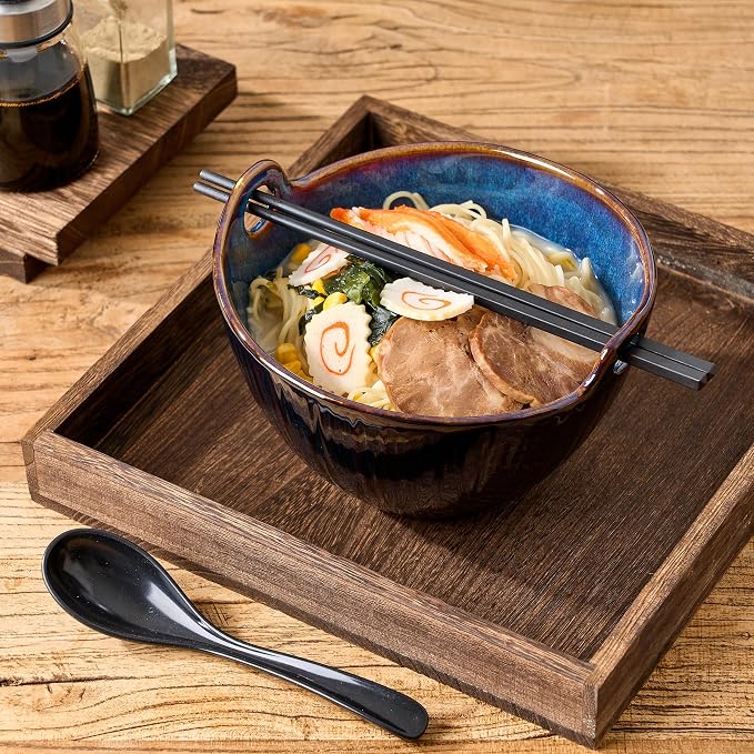 Ramen Bowl with Chopsticks and Spoons Set, 7 Inch Ceramic Noodle Bowl Set of 2, Donburi Bowl Dishwasher Safe for Pho Udon Soba Noodle Salad Pasta, Special Midnight Tide Bowls Set