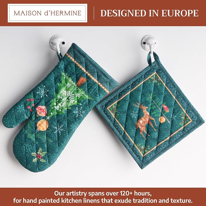 Maison d' Hermine 100% Cotton Oven Mitt & Pot Holder Set (7.5"x13" & 8"x8") | Heat Resistant BBQ Cooking Gloves with Loop Baking Grilling Kitchen Home Farmhouse Thanksgiving Christmas - Hygge Christmas