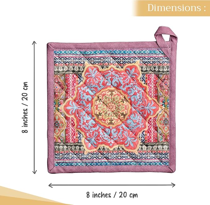 Maison d' Hermine Pot Holders 100% Cotton Potholders (8" x 8", Pack of 2) | Heat Resistant Hot Pads with Loop BBQ Cooking Baking Hotel Kitchen Handling Hot Pans Thanksgiving Christmas - Ispahan