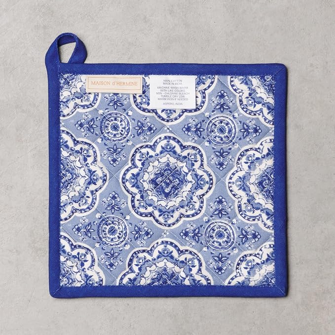 Maison d' Hermine Pot Holders 100% Cotton Potholders (8" x 8", Pack of 1) | Heat Resistant Hot Pads with Loop BBQ Cooking Baking Farmhouse Kitchen Handling Hot Pans Spring Summer - Melodie Bleue